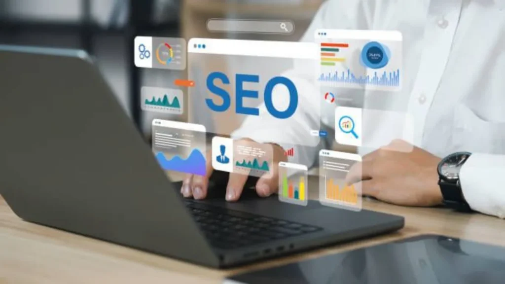 AI-powered SEO reporting dashboard showing keyword rankings, organic traffic, and actionable SEO insights.