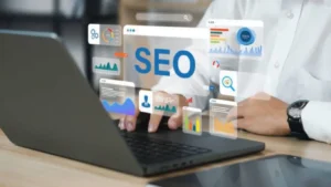 AI-powered SEO reporting dashboard showing keyword rankings, organic traffic, and actionable SEO insights.