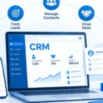 Illustration showing CRM customer data connected to digital marketing campaigns, audience segmentation, email marketing, and lead generation.