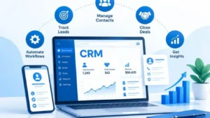 Illustration showing CRM customer data connected to digital marketing campaigns, audience segmentation, email marketing, and lead generation.