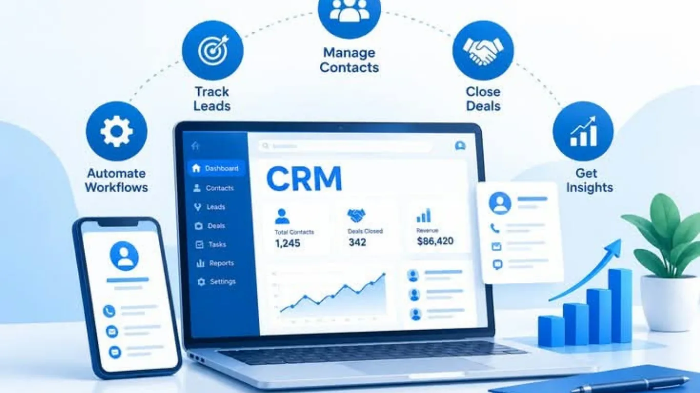 Illustration showing CRM customer data connected to digital marketing campaigns, audience segmentation, email marketing, and lead generation.