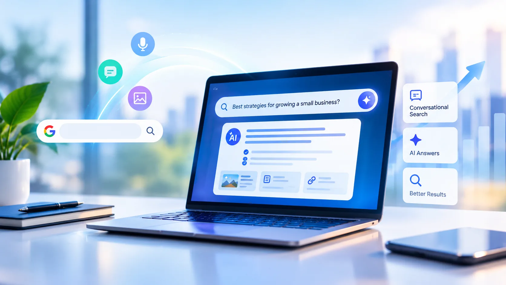 The future of search in 2027 showing conversational search and AI-generated answers.