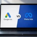 Google Ads vs Meta Ads comparison showing search advertising and social media advertising for business growth.