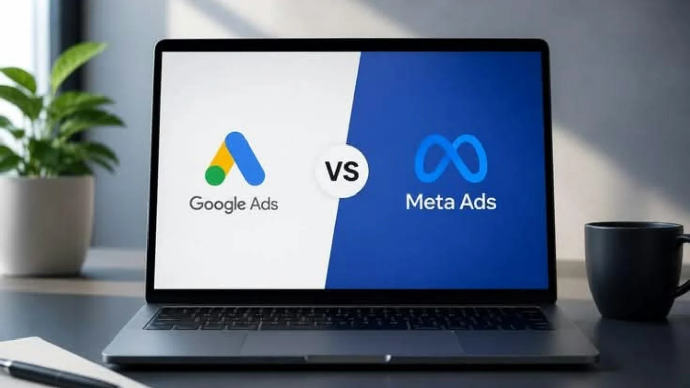 Google Ads vs Meta Ads comparison showing search advertising and social media advertising for business growth.