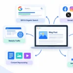 Sustainable content distribution strategy showing blog content shared across social media, email marketing, and search engines.