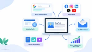 Sustainable content distribution strategy showing blog content shared across social media, email marketing, and search engines.