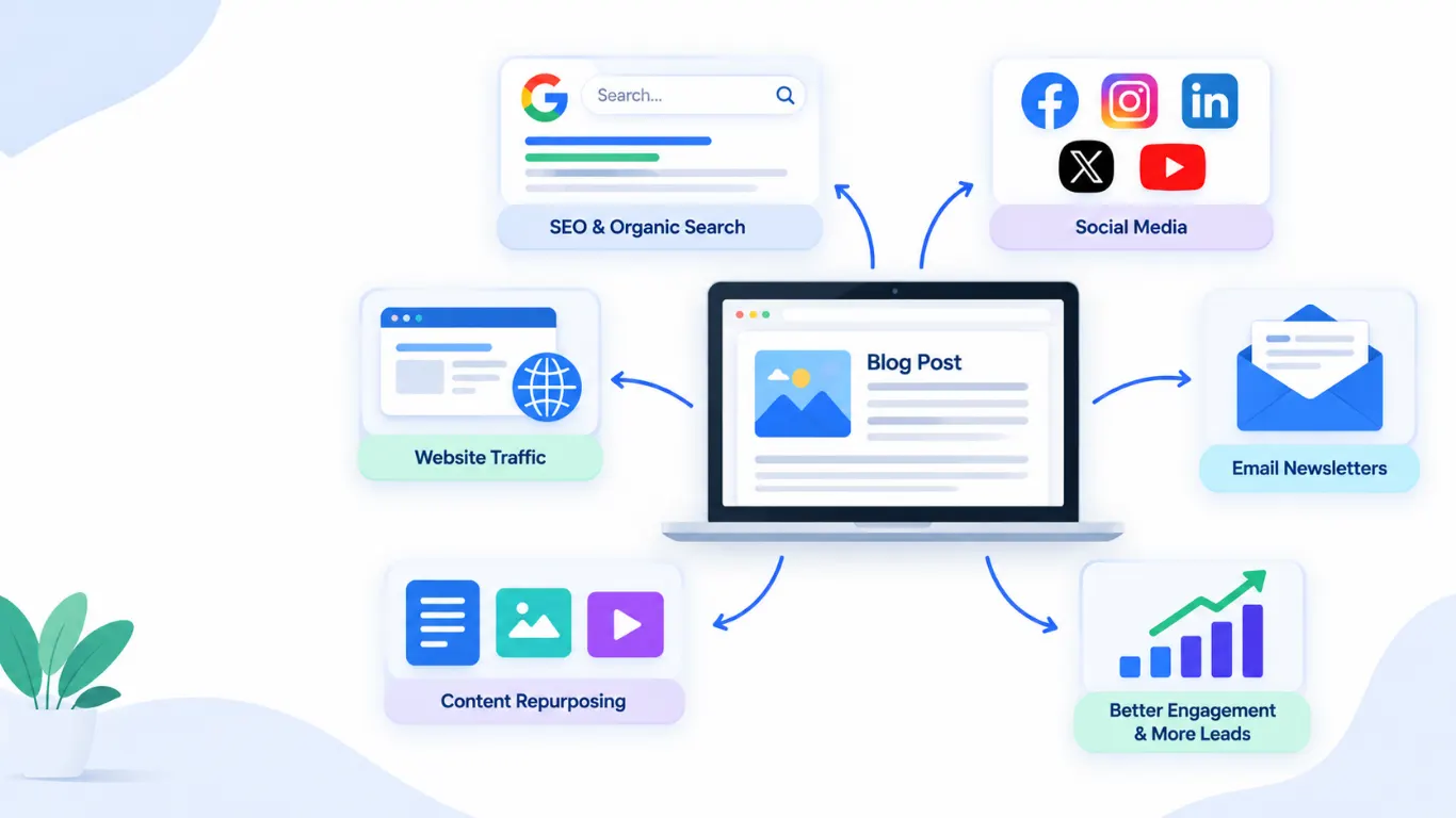 Sustainable content distribution strategy showing blog content shared across social media, email marketing, and search engines.
