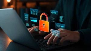 Illustration showing website security protection with a shield and lock, connected to SEO search rankings and website performance.