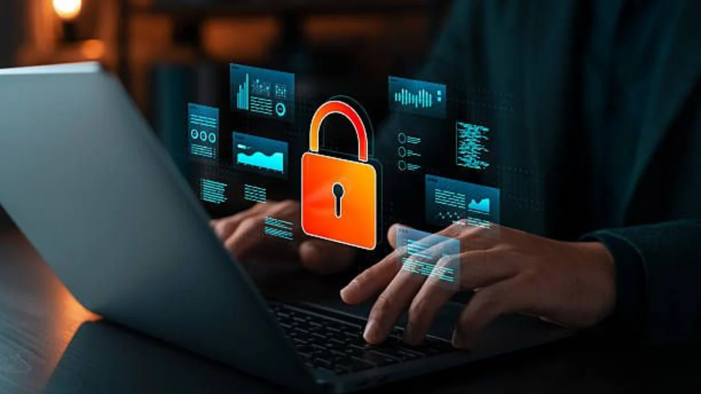 Illustration showing website security protection with a shield and lock, connected to SEO search rankings and website performance.